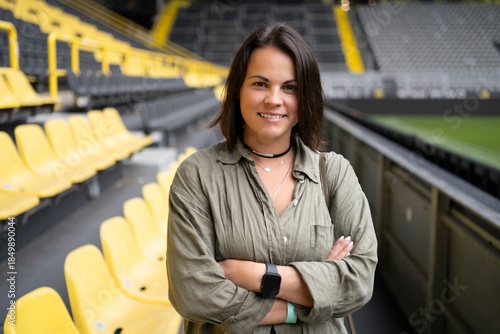 Close up bust portrait of woman at football arena, fandom and leisure concept