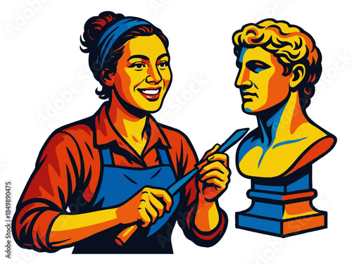 smiling female sculptor chiseling a classical-style male bust, wearing an apron and headband. Generative ai vector colorful pop art illustration.