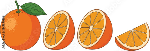 Fresh oranges with sliced segments and a green leaf on a white background