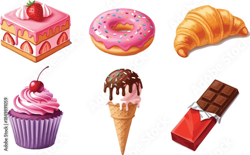 Colorful assortment of sweet baked goods and desserts