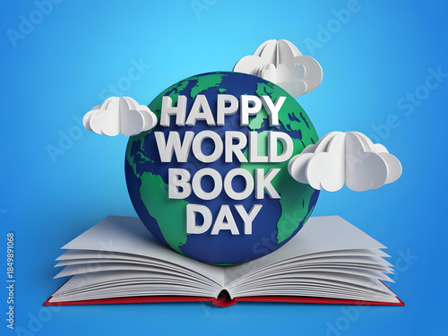 Happy world book day greeting featuring a globe resting on an open book with paper clouds