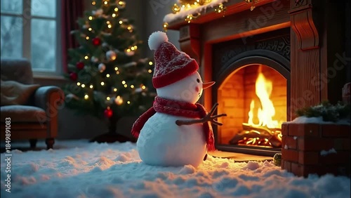 Snowman and fireplace at living room.
