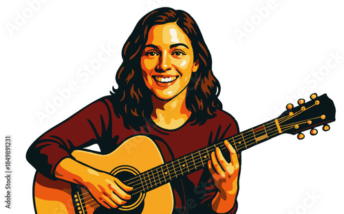 smiling woman with acoustic guitar, symbolizing music, creativity, traditional performance art. Generative ai vector colorful pop art illustration.