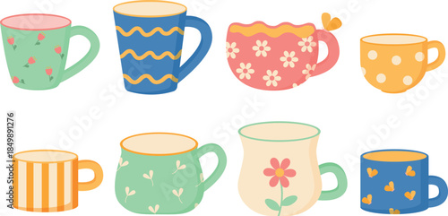 Set of pastel mugs and cups with floral, stripes and polka dot patterns, tea coffee vector illustration