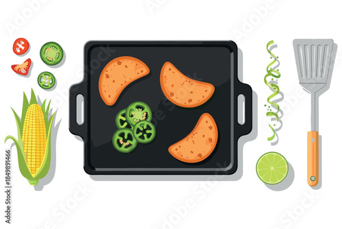 Grilled tortilla slices with jalapeños on skillet with corn and lime