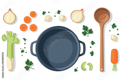 Cooking preparation: ingredients and utensils for a homemade soup on white background