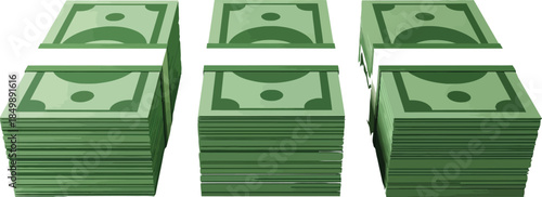 Stacks of green paper currency on a white background