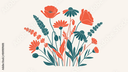Colorful Floral Illustration with Poppies and Leaves.
