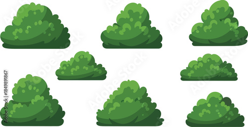 A set of 7 green trees on white background