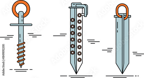 Tent ground anchor and heavy duty peg vector set, featuring screw, stake, and flat designs for camping, outdoor adventure, shelter setup, and construction safety equipment.