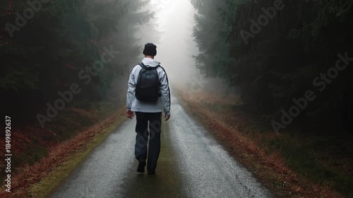 Man with backpack is walking on road through forest at fog morning. Rear view, Czech landscape