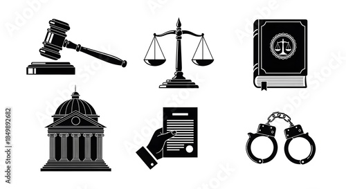 Vector illustration of a law and justice icons set featuring business scales of balance and legal weight symbols for sign and money concepts