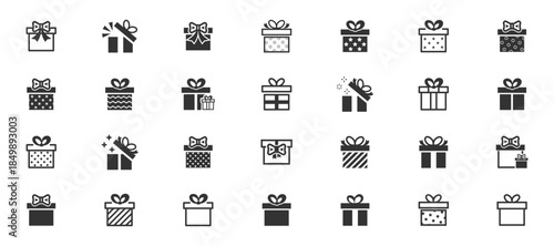 Gift box icons set. Surprise package. Surprise gift boxes collection. Collection of gift boxes with ribbon. Christmas gift icon illustration. Style of lines and silhouettes. Vector illustration.
