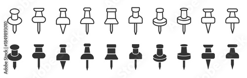 Push pin icons set. Needle, pinned, attach, and note symbol. Thumbtack for note attach collection. Paperclip symbol. Pushpin flat and line style collection. Vector illustration.