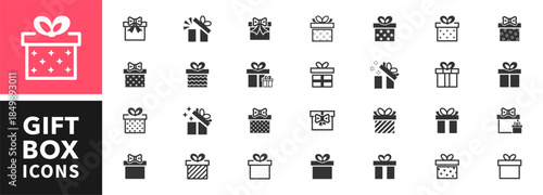 Gift box icons set. Surprise package. Surprise gift boxes collection. Collection of gift boxes with ribbon. Christmas gift icon illustration. Style of lines and silhouettes. Vector illustration.