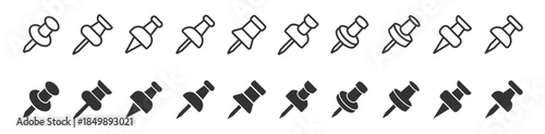 Push pin icons set. Needle, pinned, attach, and note symbol. Thumbtack for note attach collection. Paperclip symbol. Pushpin flat and line style collection. Vector illustration.
