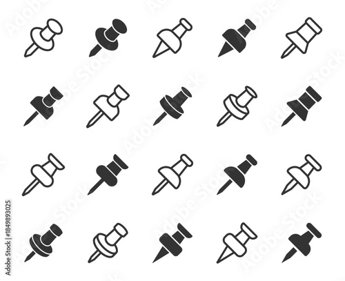 Push pin icons set. Needle, pinned, attach, and note symbol. Thumbtack for note attach collection. Paperclip symbol. Pushpin flat and line style collection. Vector illustration.