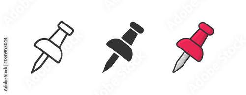 Push pin icons set. Needle, pinned, attach, and note symbol. Thumbtack for note attach collection. Paperclip symbol. Pushpin flat and line style collection. Vector illustration.