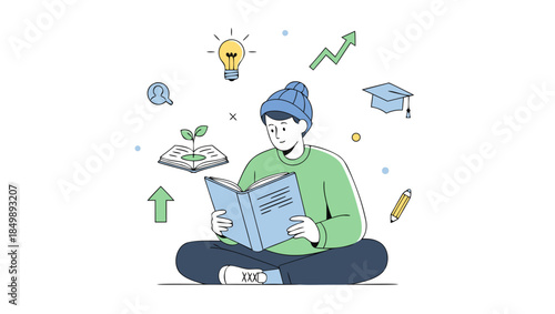 Flat vector illustration of student reading book surrounded by education icons