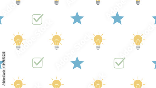 Seamless vector pattern with light bulbs stars and check marks