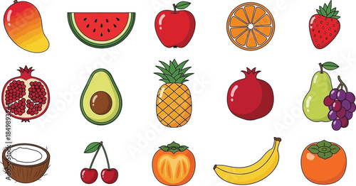 Colorful illustration of 15 types of fruit