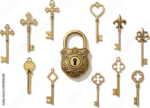 Vintage brass padlock and antique ornate keys set, featuring heart, cross, and clover shapes, symbolizing security, access, mystery, and decorative luxury graphic design.