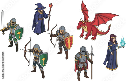 Fantasy medieval characters with dragon and magic users