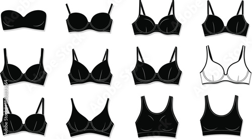 Women's Bra and Brassiere Silhouette Vector Set, Lingerie and Underwear Apparel Collection, Diverse Modern and Classic Lingerie Style Designs.