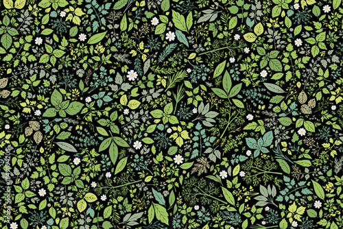 ハーブ柄のパターン　前面に敷き詰めた構成　背景ブラック