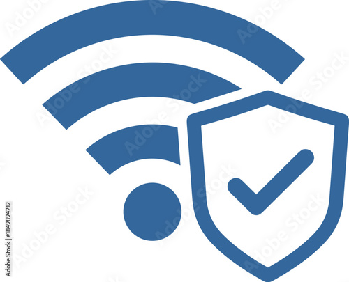 Modern outline icons showing a Wi-Fi broadcast symbol integrated with a safety shield to denote private network access and verified data protection standards.