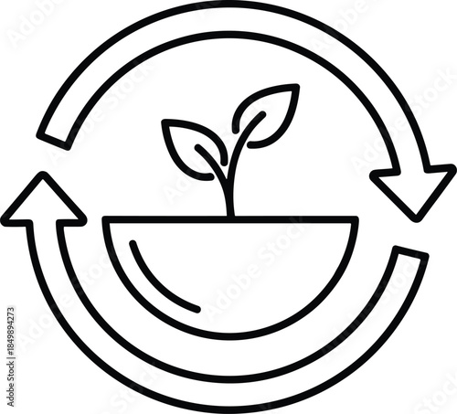 Modern outline icon showing a natural growth symbol integrated with a repetitive cycle to denote sustainable agriculture, reforestation, and green energy conservation practices.
