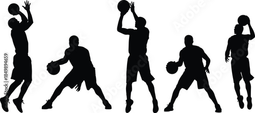 PrintSet of Basketball Player Silhouettes in Various Action Poses, Black Vector Illustration of Athletes Shooting, Dribbling, and Jumping, Isolated Sports Graphic Collection on White Background