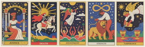 Stylized vintage art nouveau illustration of five tarot cards Justice Death Judgement Strength and Temperance arranged in a horizontal set.