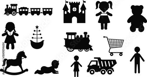 WebSet of Black Silhouettes Featuring Various Classic Children's Toys and Figures Including Train, Castle, Doll, and Teddy Bear, Illustrating Childhood Fun