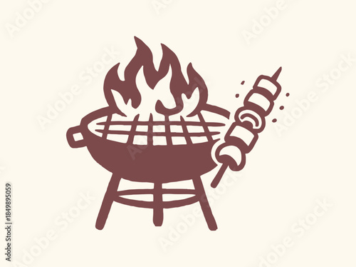 Barbecue Grill With Kebab Minimal Line Icon Vector Illustration