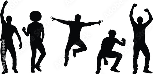 PrintSet of Energetic Men Silhouettes Cheering, Jumping, and Dancing, Black Vector Illustration of Happy Guys Celebrating with Arms Raised, Diverse Group Isolated on White Background