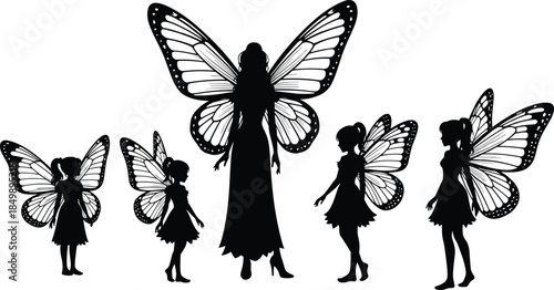 Set of Five Magical Butterfly Fairy Silhouettes in Black, Depicting Fantasy Female Characters with Detailed Wings, Perfect for Decorative and Design Projects.