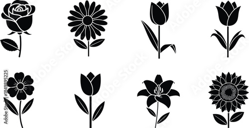 Collection of eight distinct black and white stylized flower icons perfect for graphic design projects