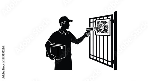 Delivery person scans qr code on gate with handheld device while holding a package for access