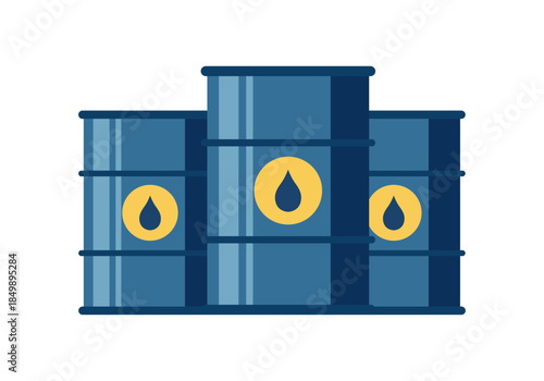 Ilustración de tres barriles de petróleo industrial o bidones de combustible con símbolo de gota 
