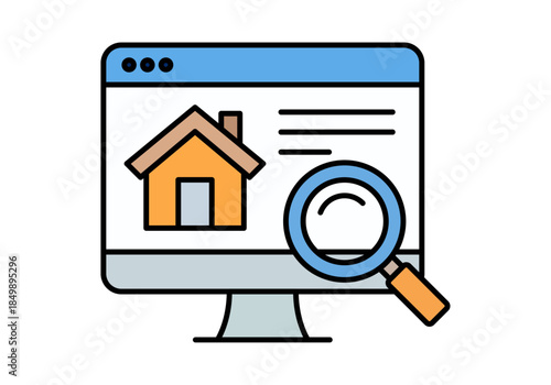 Búsqueda de bienes raíces, piso, casa, o vivienda, en línea en monitor de computadora