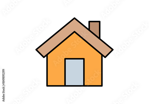 Casa naranja con chimenea y puerta azul