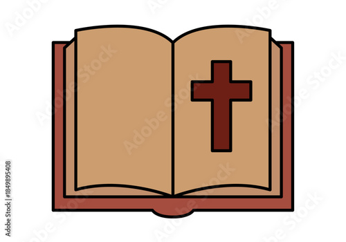 Icono de biblia abierta con una cruz cristiana en las páginas