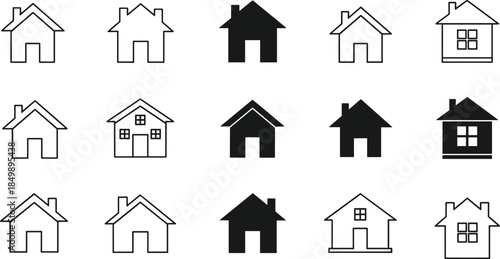 Set of minimalist house and home icons in thin line and solid silhouette styles for real estate architecture and web design