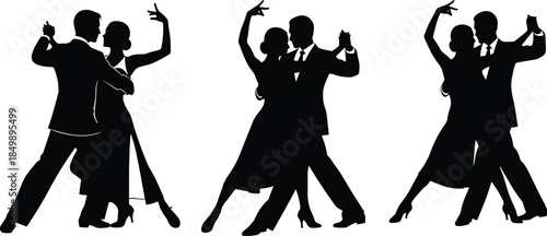 Set of Silhouette Vectors Showing Couples Elegantly Dancing Ballroom or Latin Dance Like Tango in Evening Attire