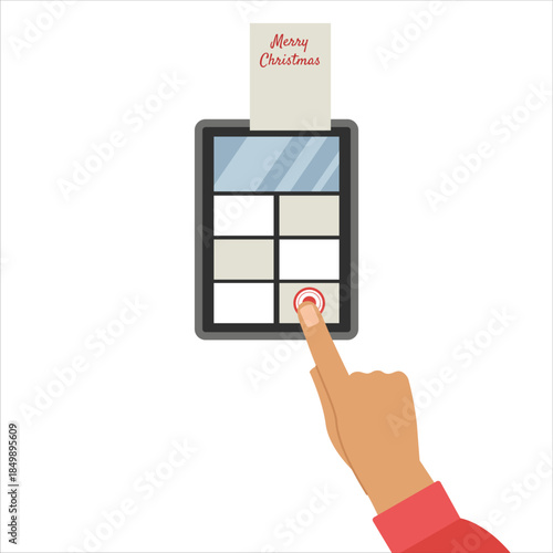 The cash desk in the store issues a receipt. Christmas shopping. Vector illustration.