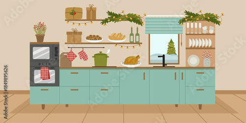 Cozy kitchen interior with a window for Christmas.