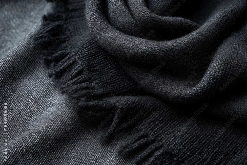 Fototapeta premium A black background made of wool. A dark grey canvas. Warm clothes, winter style, details, close up.