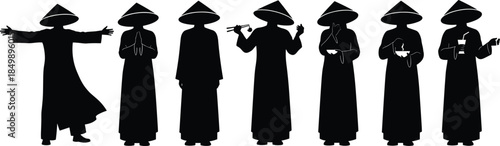 Asian traditional people silhouettes wearing conical hats performing cultural activities folklore costumes vector illustration isolated on white background
