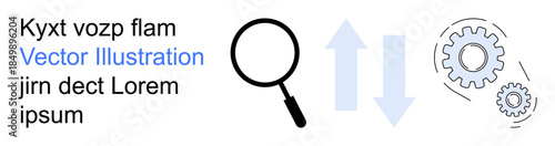 Data analysis, business processes, workflow efficiency, system mechanics, innovation strategies, optimization tools. Magnifying glass, upward and downward arrows gears. Data analysis and workflow